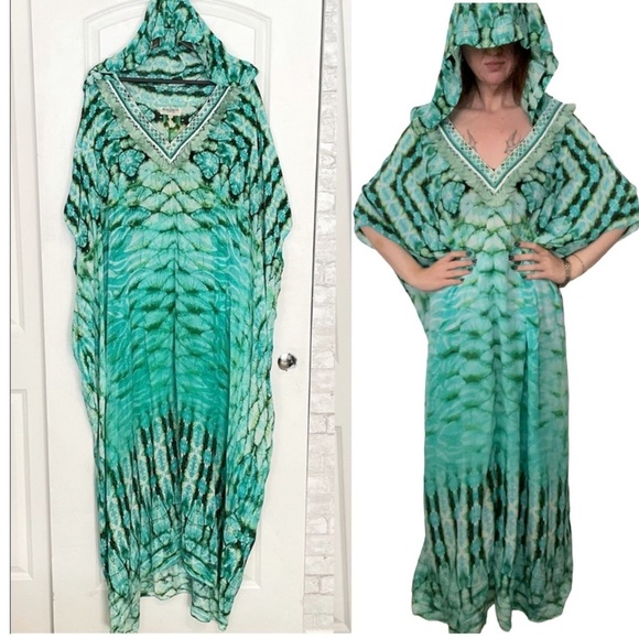 Rococo Sand Dresses & Skirts - ROCOCO SAND turquoise blue embellished hooded kaftan maxi x Small One Size Fits